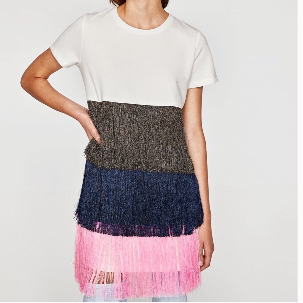 NWT Zara Tiered Fringe T-shirt Dress